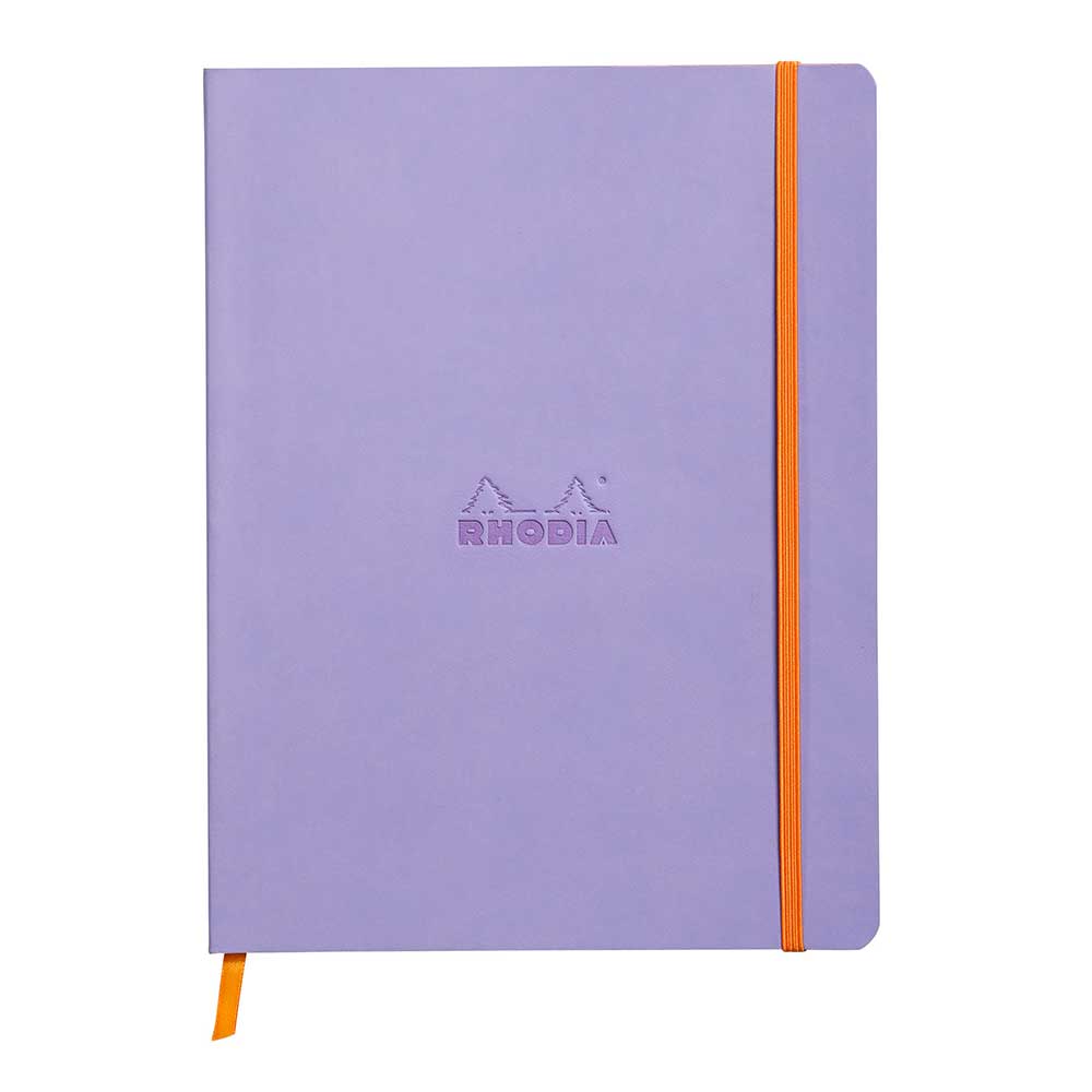 Lila Notizbuch mit orangefarbenem Gummiband. Das Logo 'RHODIA' ist geprägt.