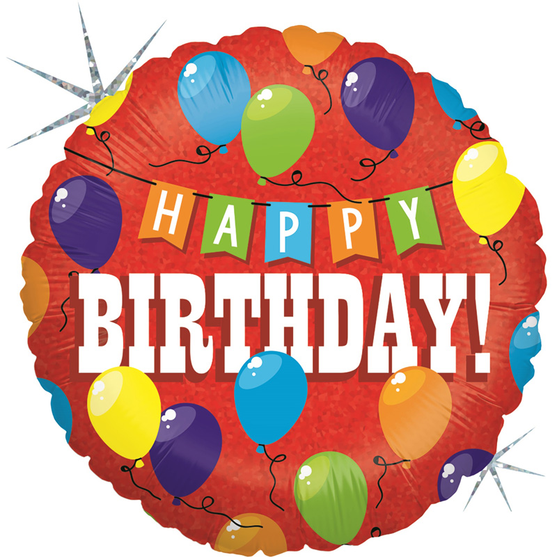 Runde Ballonform mit bunten Luftballons. Aufschrift 'HAPPY BIRTHDAY!' in großen Buchstaben.