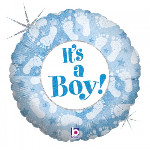 Runder Luftballon in Blau mit dem Text 'It's a Boy!'. Fußabdrücke und Sterne sind im Design.