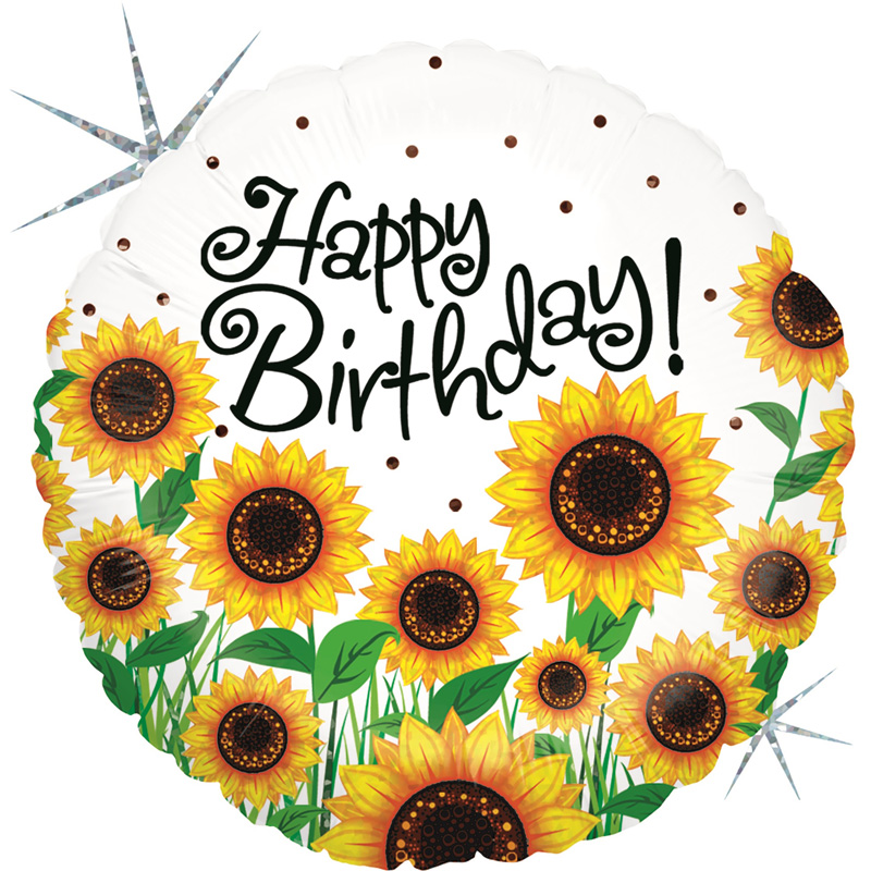 Runde Luftballon mit dem Aufdruck 'Happy Birthday'. Umgeben von gelben Sonnenblumen.