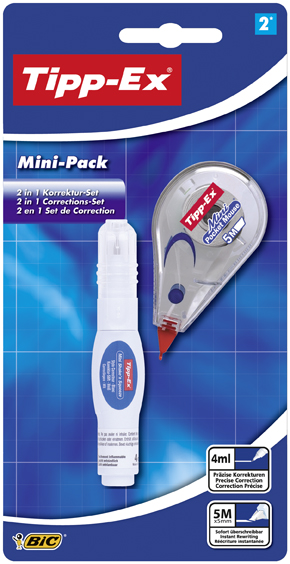 Korrekturset mit Tipp-Ex Flüssigkeit und Korrekturroller. Verpackung in blau und weiß.
