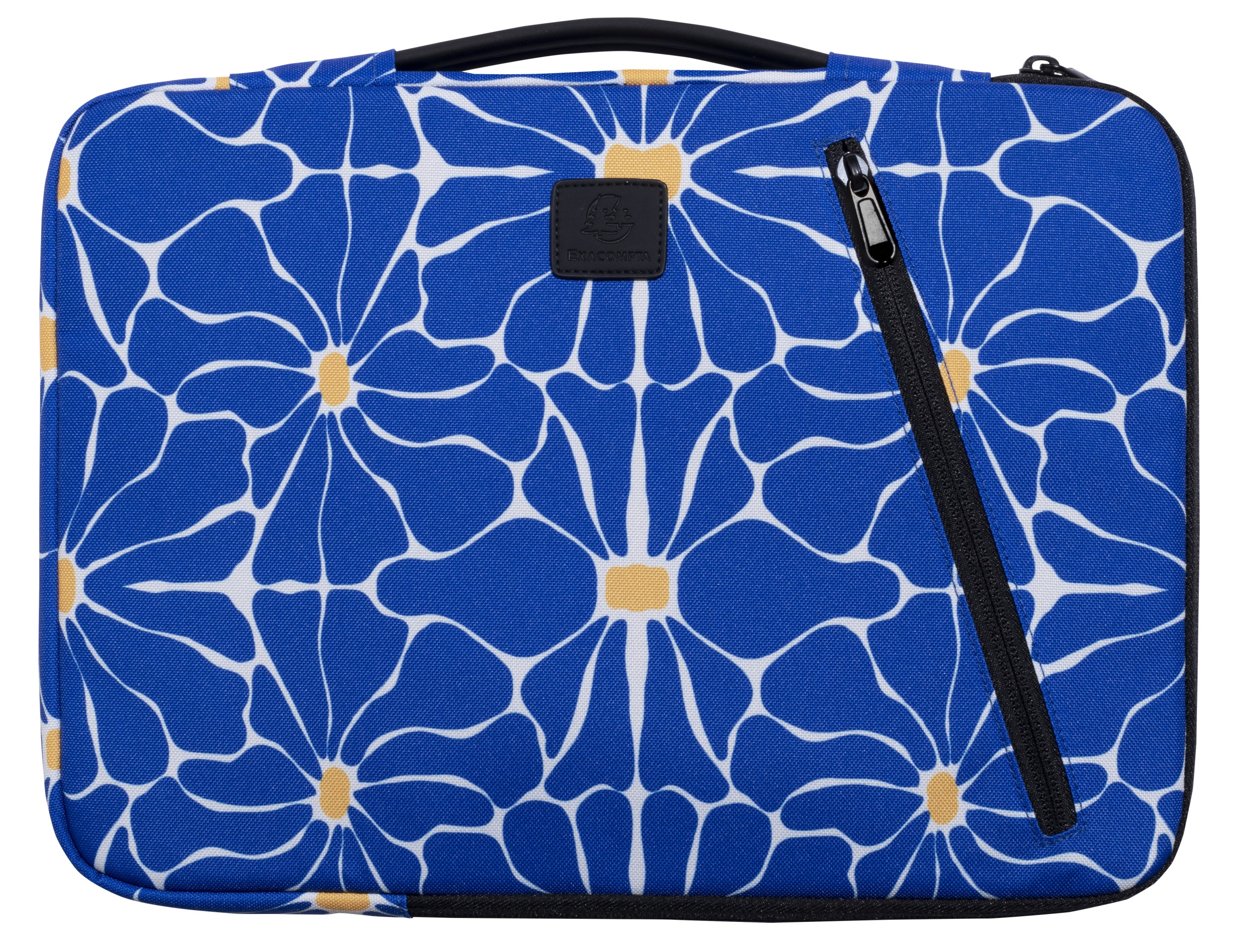 Laptoptasche mit floralem Muster. Hauptfarbe blau, mit weißen und gelben Blumen. Reißverschluss und Tragegriff vorhanden.