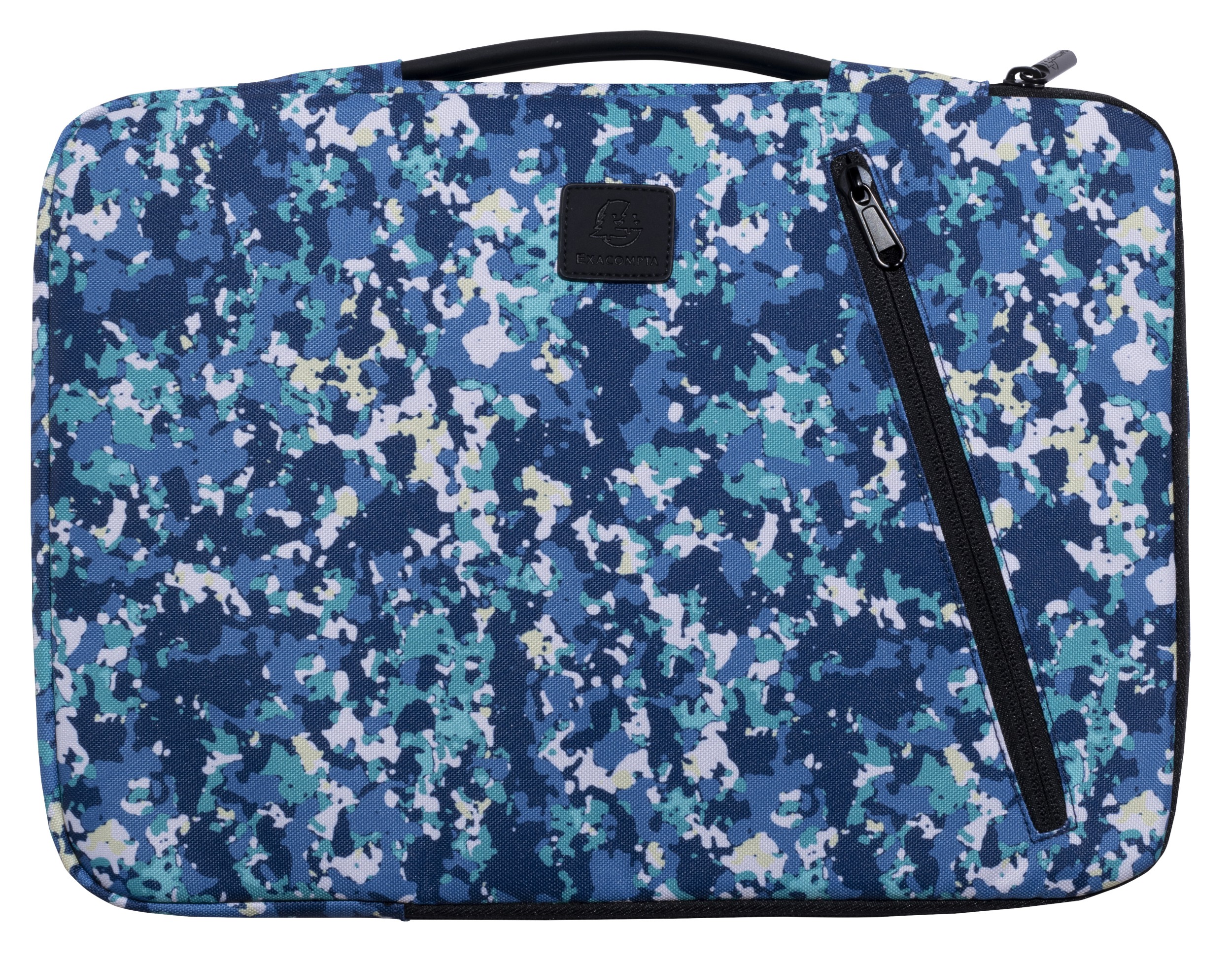 Laptoptasche mit camouflagemuster in Blau- und Grüntönen. Reißverschluss auf der rechten Seite. Handgriff oben.
