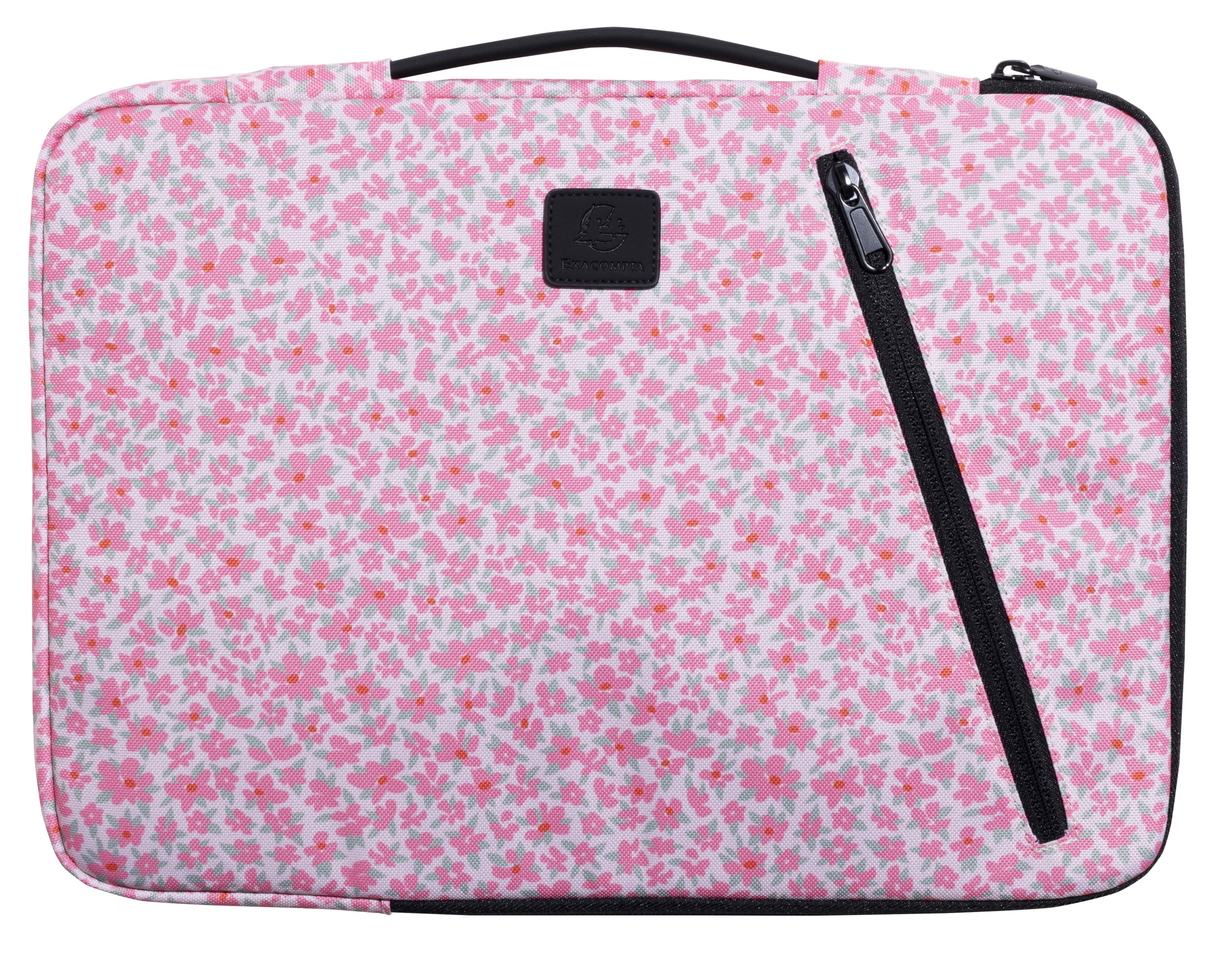 Laptop-Hülle mit pinkem Blumenmuster. Reißverschluss und Tragegriff vorhanden.