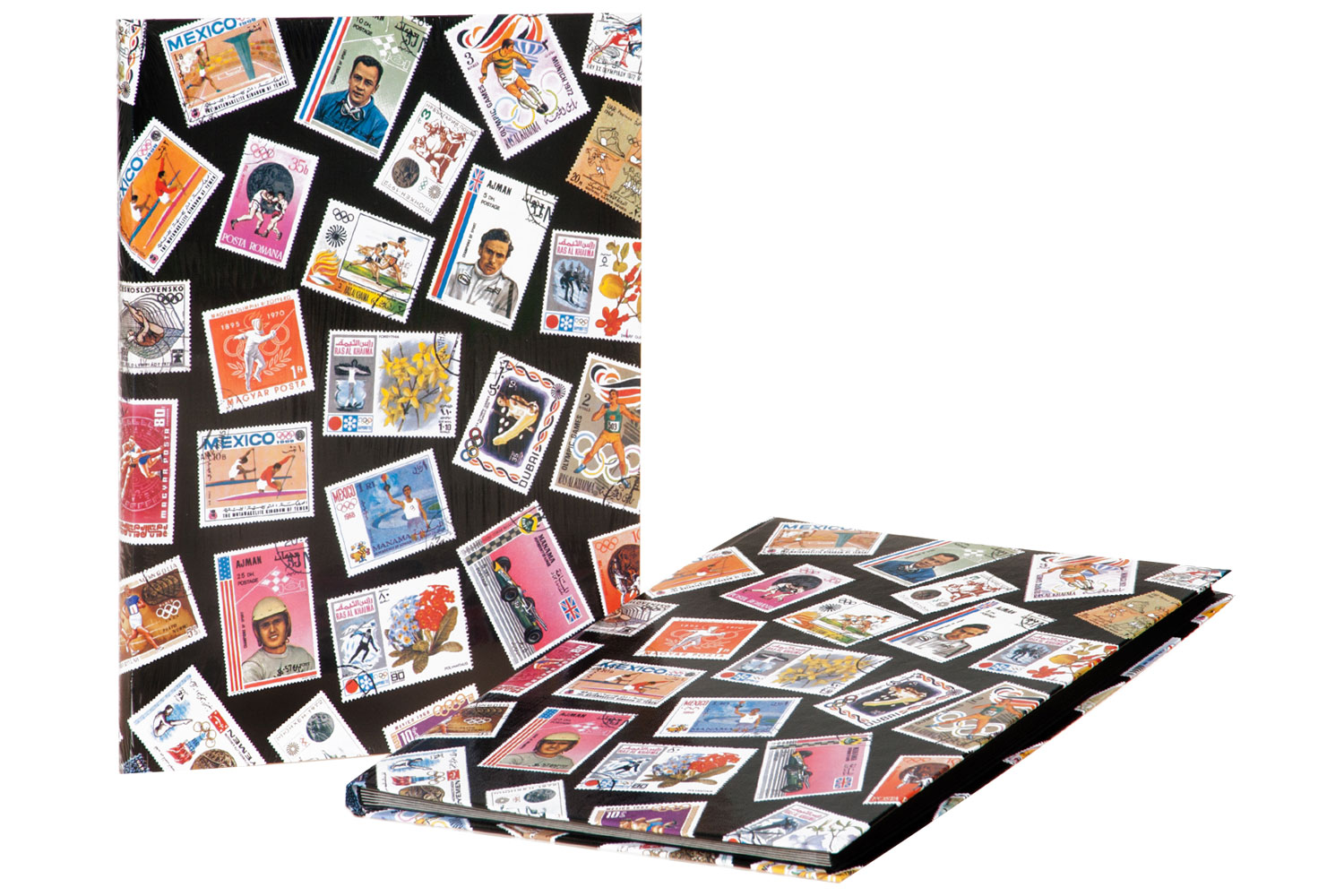 Notizbuch mit buntem Cover. Es zeigt verschiedene Briefmarken und sportliche Motive.