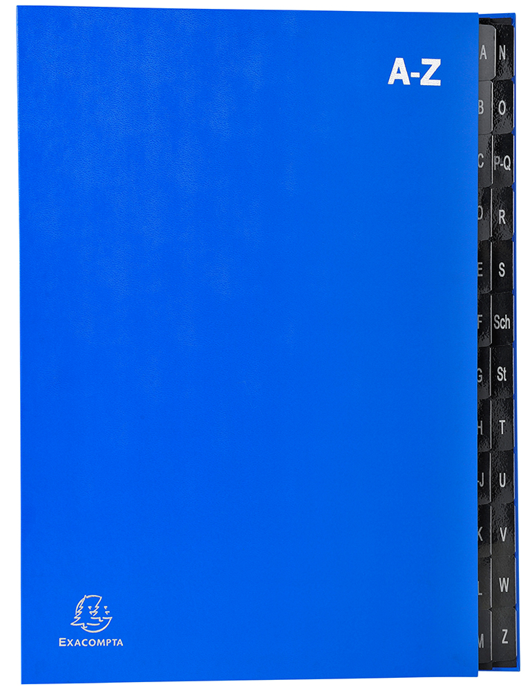 Blauer Ordner mit A-Z Register. Hersteller Exacompta.
