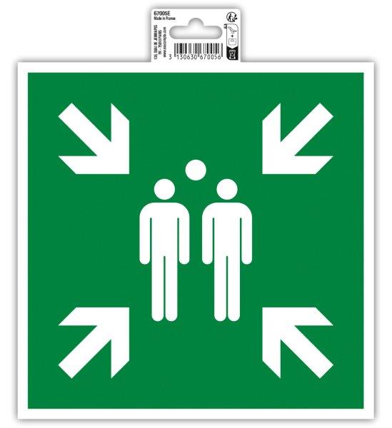 grünes Schild mit weißen Piktogrammen. Zwei stilisierte Personen in der Mitte. Pfeile zeigen in vier Richtungen.