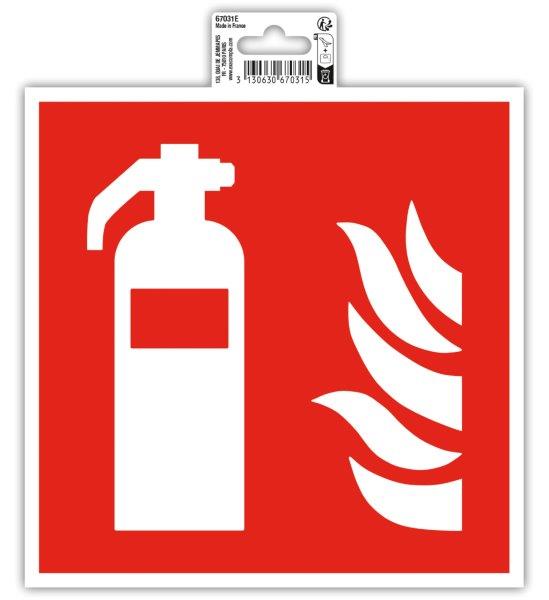 Rotes Schild mit weißem Feuerlöscher und Flammen. Warnsignal für Brandgefahr.