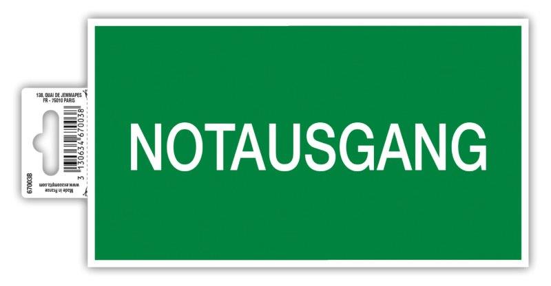 Grünes Schild mit weißem Text. Aufschrift: 'NOTAUSGANG'. Hinweis auf Notausgang.