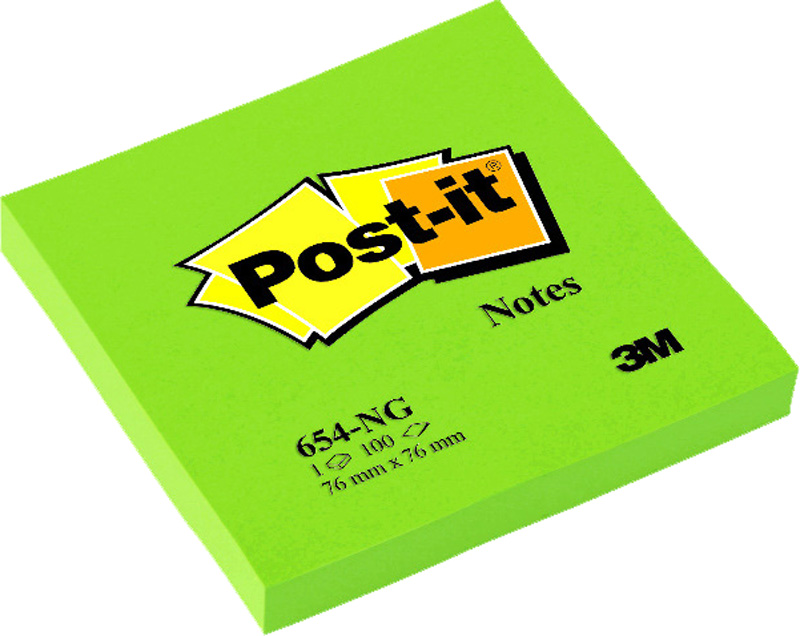 Grüne Post-it Notizen in quadratischer Form. Verpackung zeigt das Logo von Post-it und die Größe.