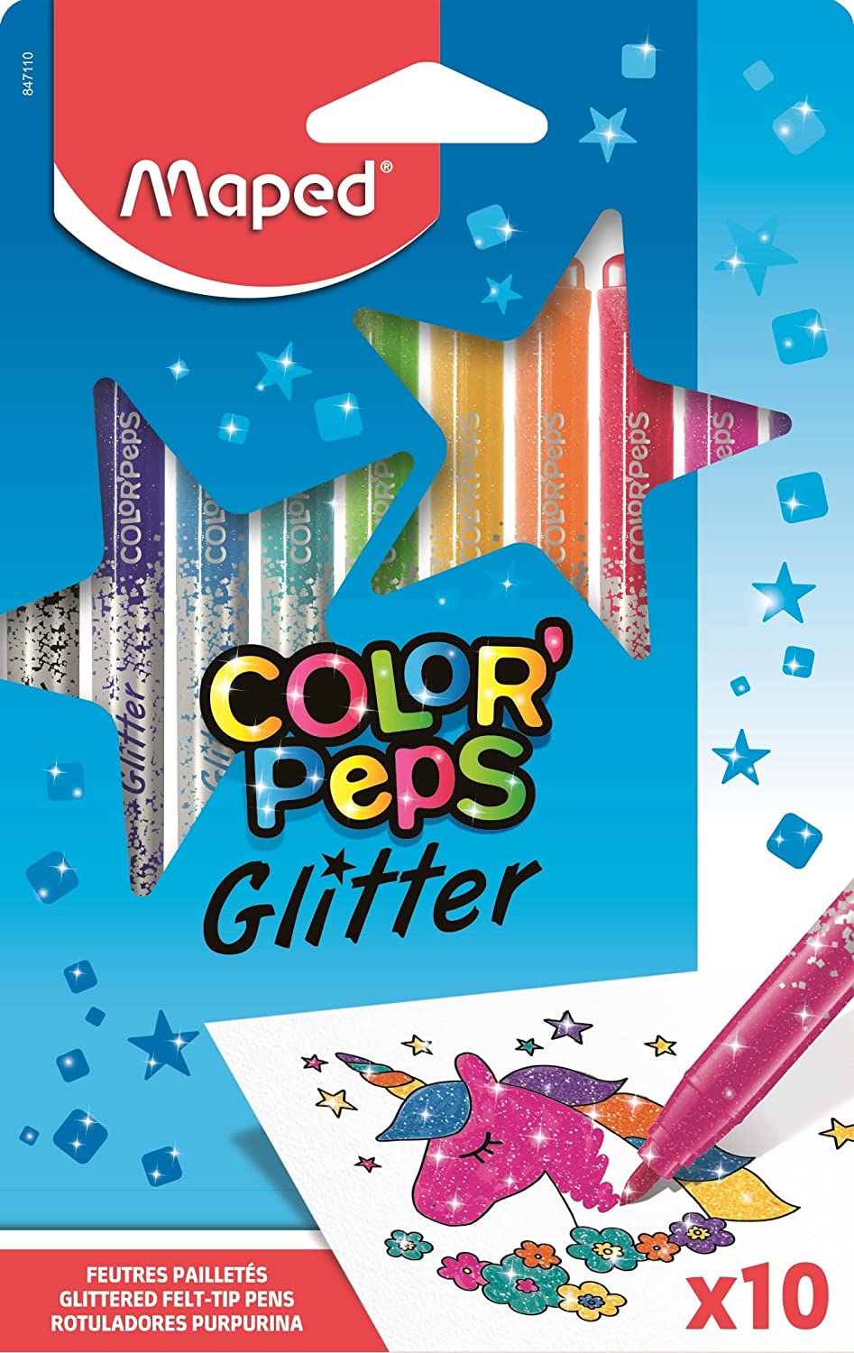Packung mit zehn glitzernden Filzstiften in verschiedenen Farben. Auf dem Bild ist ein gezeichneter Einhorn und Blumen zu sehen.