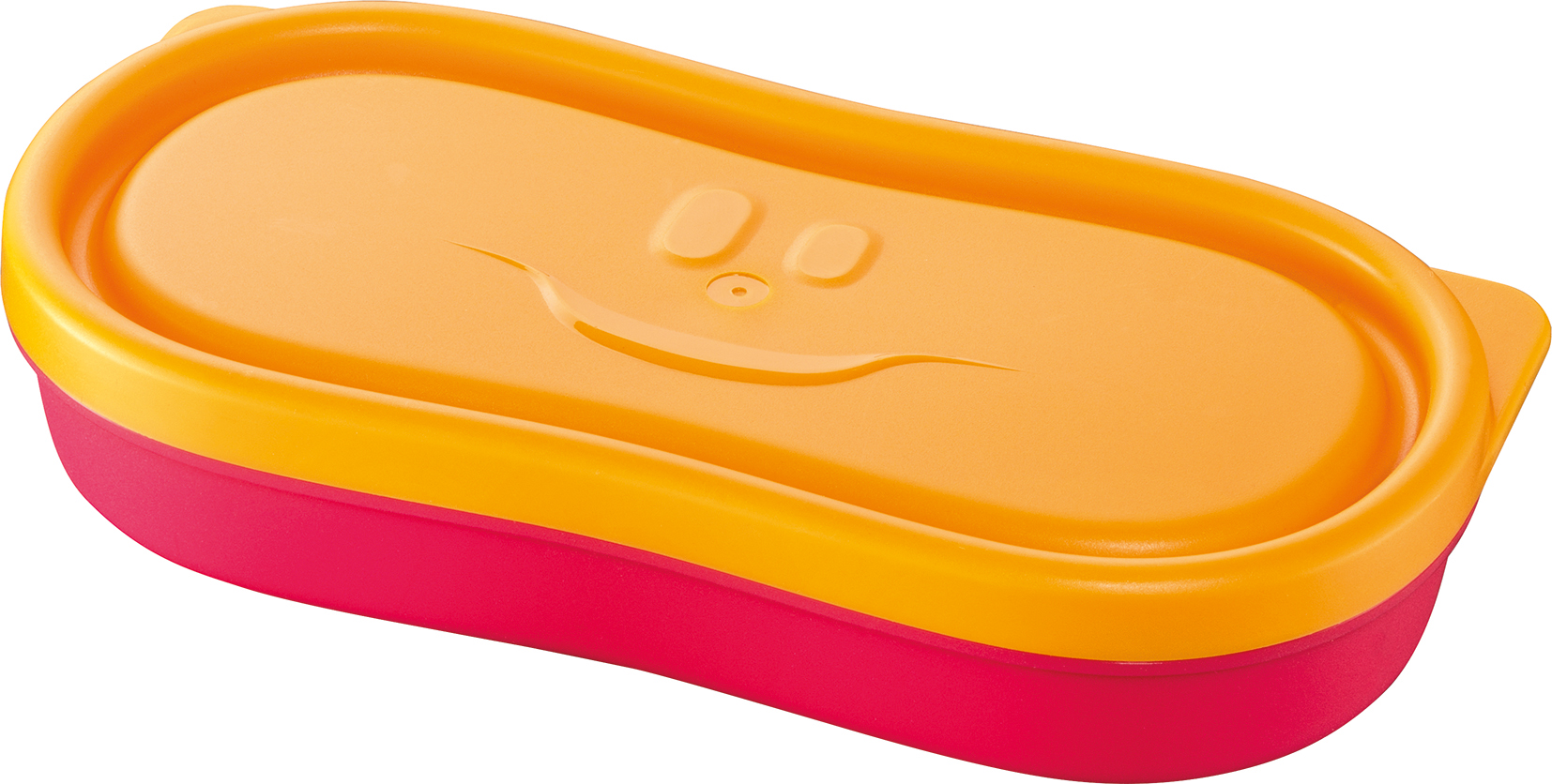 Bento-Box in orange und rot mit lächelndem Gesicht. Ovaler Deckel und rechteckige Form.