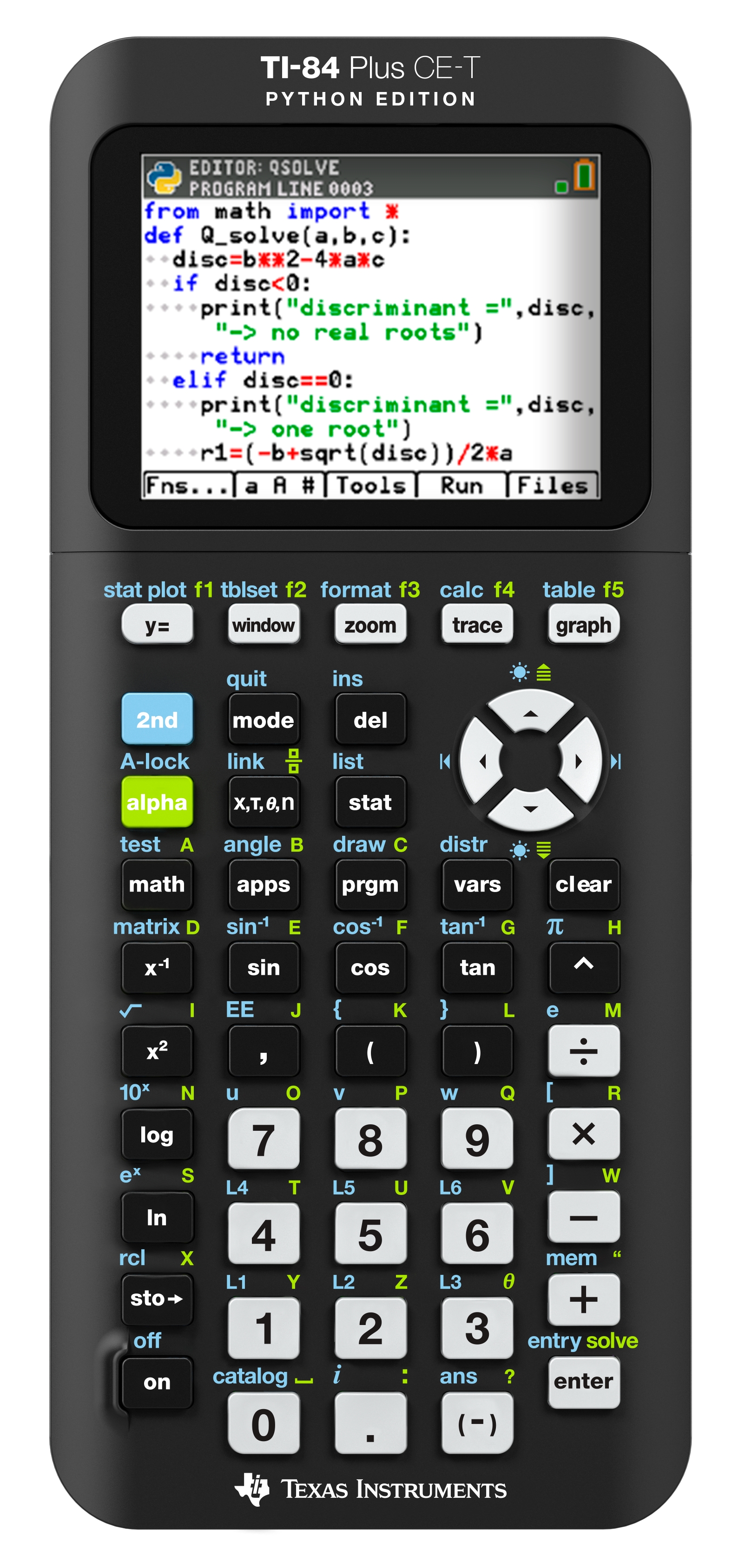 Grafikrechner TI-84 Plus CE-T mit Python-Funktion. Bildschirm zeigt Programmcode zur Berechnung der Diskriminante.