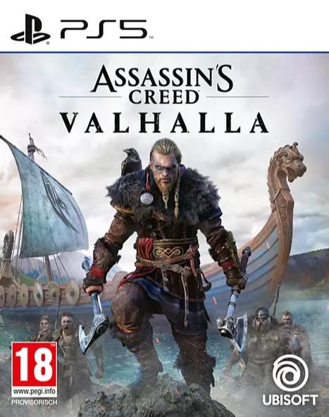 Cover des Spiels Assassin's Creed Valhalla. Hauptfigur mit Schwert und Axt vor einem Boot.