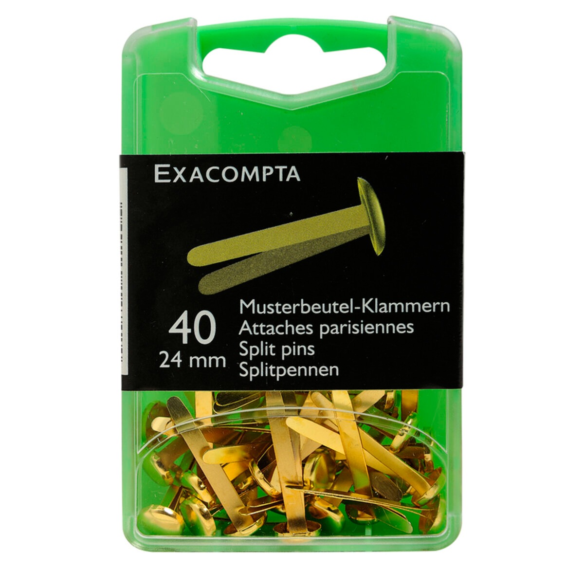 Packung mit 40 goldenen Split-Pins. Größe 24 mm, in grüner Verpackung.