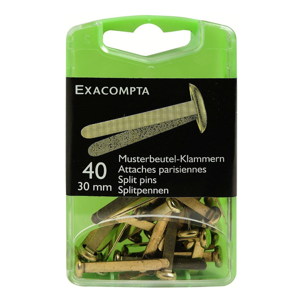 Packung mit 40 Musterbeutel-Klammern. Klammern sind goldfarben und 30 mm lang.