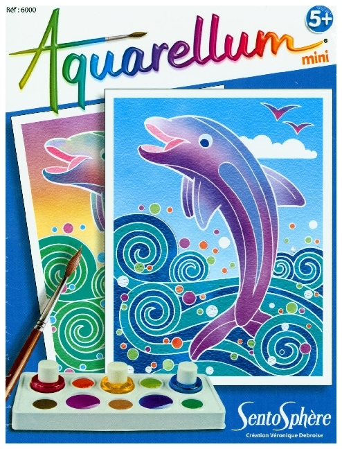 Aquarellset mit zwei Bildern von Delfinen. Bunte Wasserfarben und Pinsel sind abgebildet.