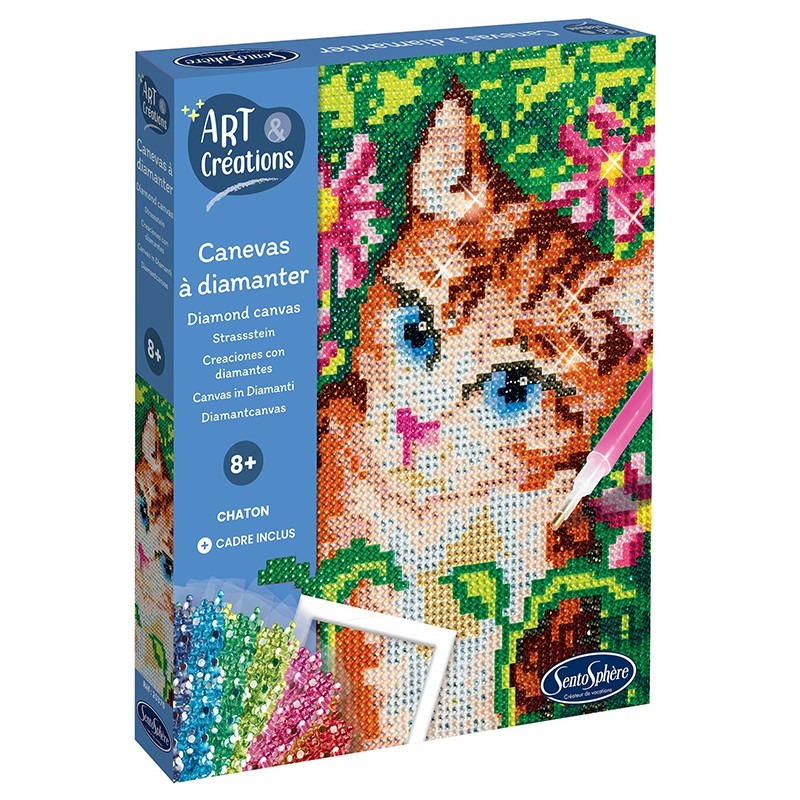 Verpackung für ein Diamond Painting Set. Abbildung eines orangefarbenen Katers mit blauen Augen und Blumen im Hintergrund.