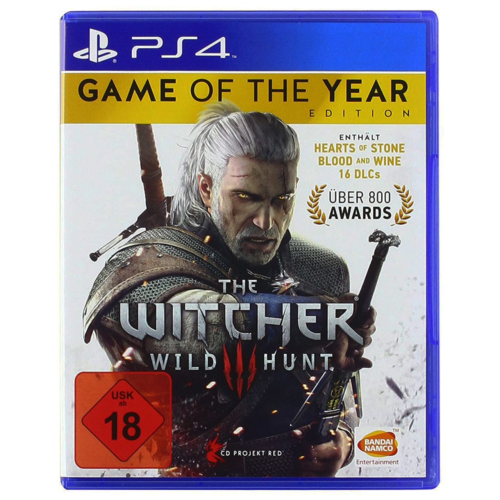 Spielcover für The Witcher 3: Wild Hunt, Game of the Year Edition. Abgebildet ist ein Charakter mit grauen Haaren und einer Rüstung.