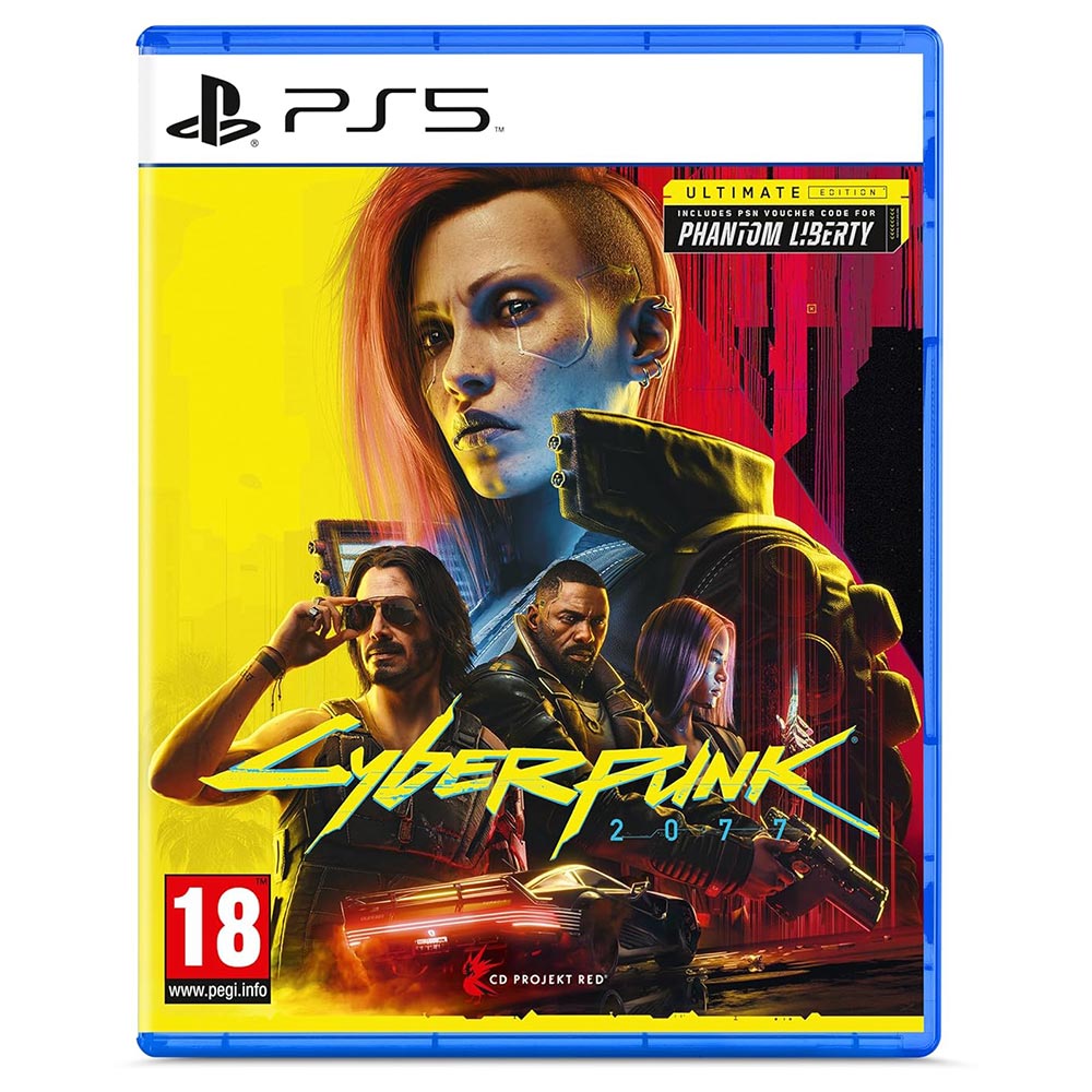 Spielcover für Cyberpunk 2077. Bunte Grafik mit mehreren Charakteren und futuristischem Auto.