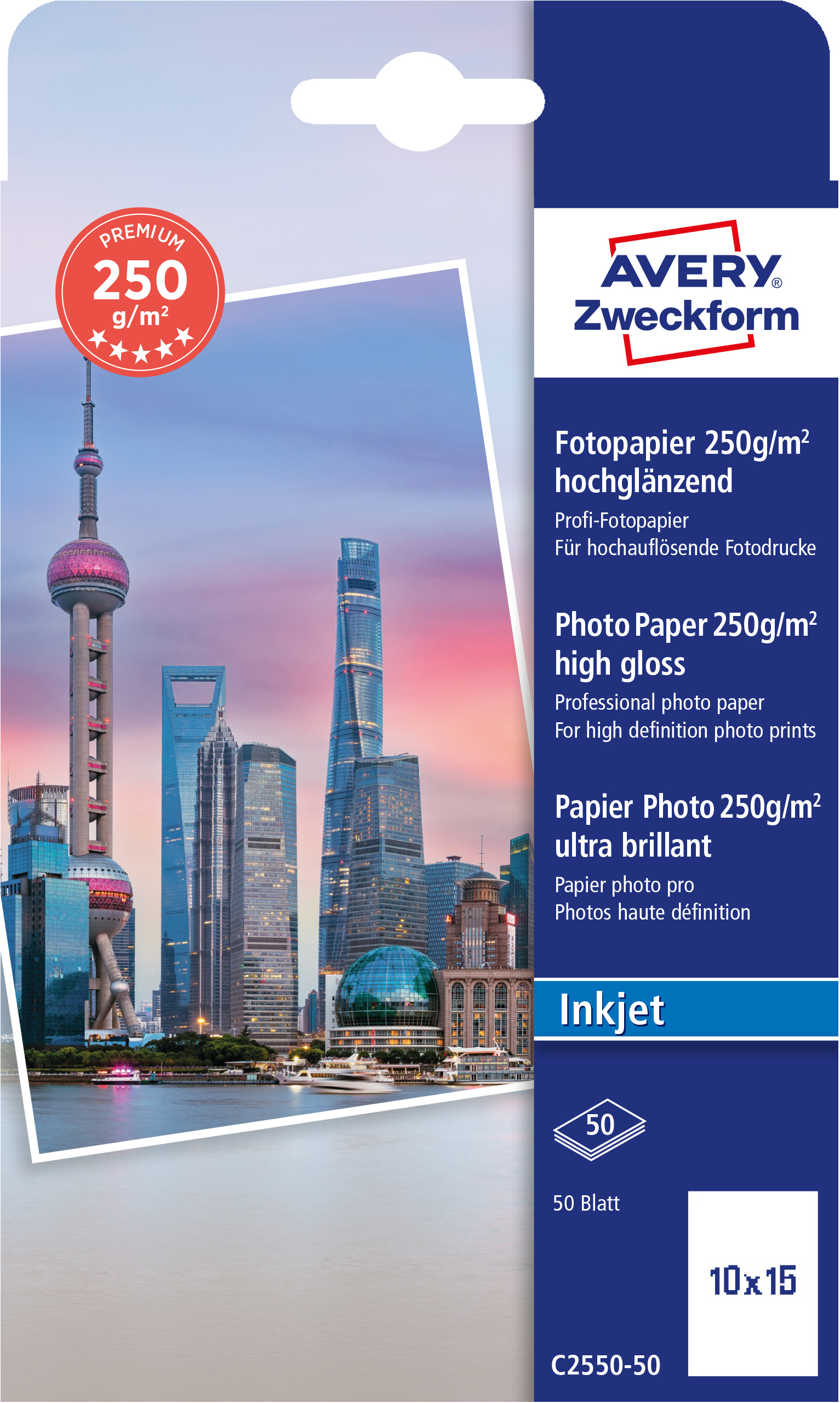 AVERY Zweckform C2550-50 Premium Inkjet Fotopapier 10x15 einseitig beschichtet 250 g/m² 50 Blatt