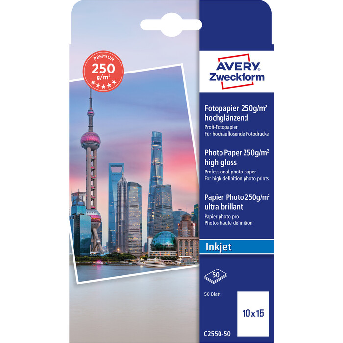 AVERY Zweckform C2550-50 Premium Inkjet Fotopapier 10×15 einseitig beschichtet 250 g/m² 50 Blatt
