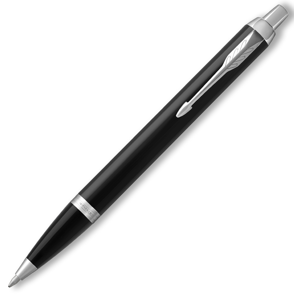 schwarzer Kugelschreiber mit silberner Spitze und Clip. Das Design ist schlicht und elegant.