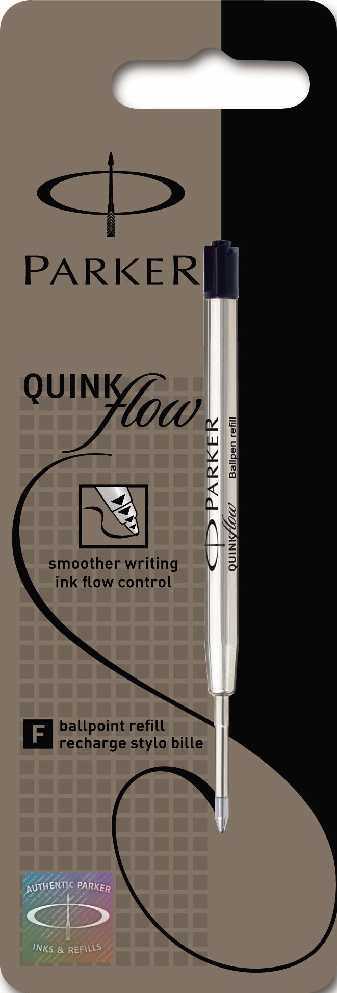 Parker Quinkflow Kugelschreiber Nachfüllung. Verpackung in neutralen Farben mit dem Produktnamen und einer Abbildung der Nachfüllung.