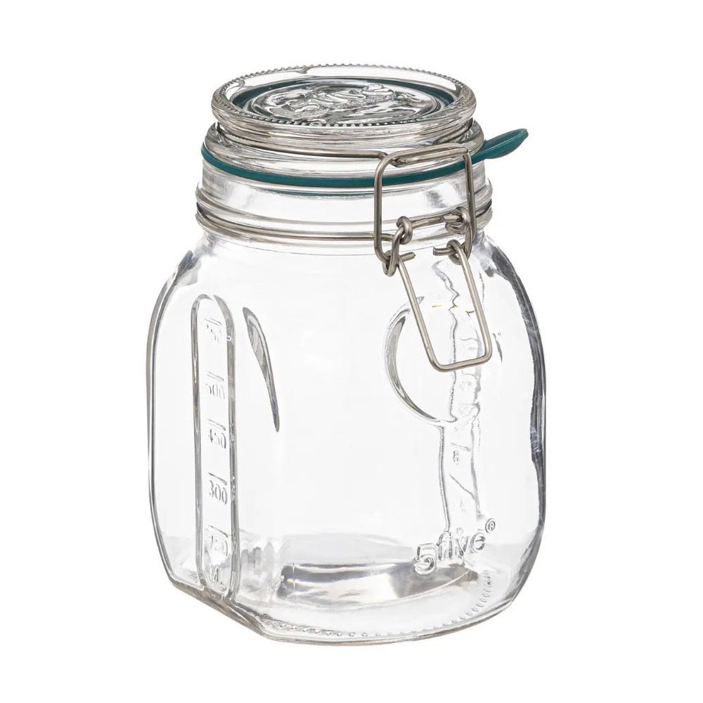 Glasbehälter mit Deckel und Bügelverschluss. Transparent und rechteckig.