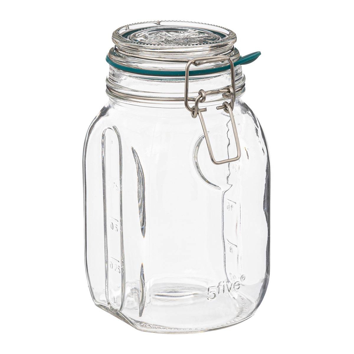 Glasbehälter mit einem Deckel und einem Verschlussmechanismus. Transparent und rechteckig geformt.