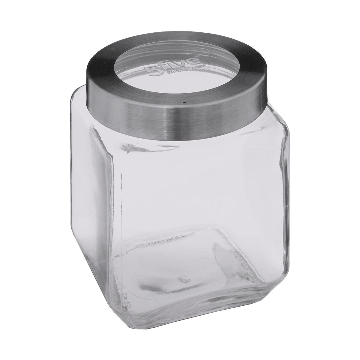 Glasbehälter in quadratischer Form mit einem metallischen Deckel. Transparentes Material, ideal für Aufbewahrung.