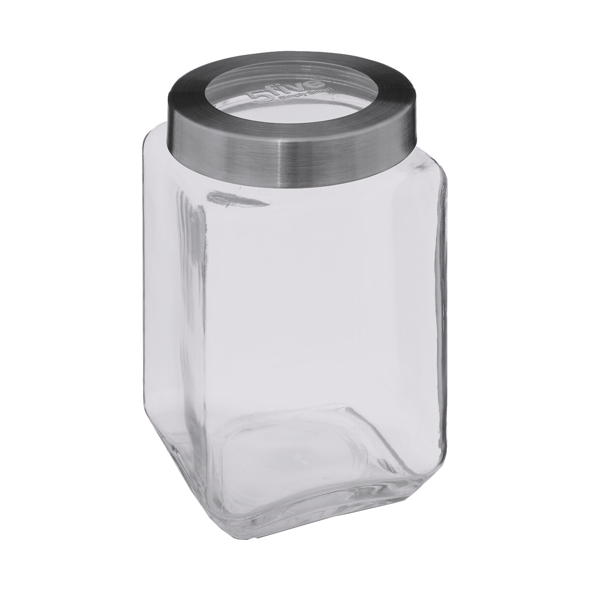 Glasbehälter mit quadratischer Form. Metalldeckel oben.