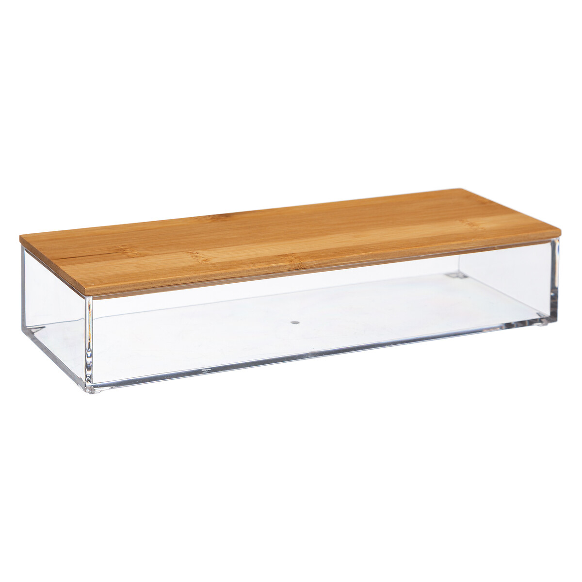 Transparente Aufbewahrungsbox mit einem Holzdeckel. Rechteckige Form, ideal für die Aufbewahrung von Gegenständen.