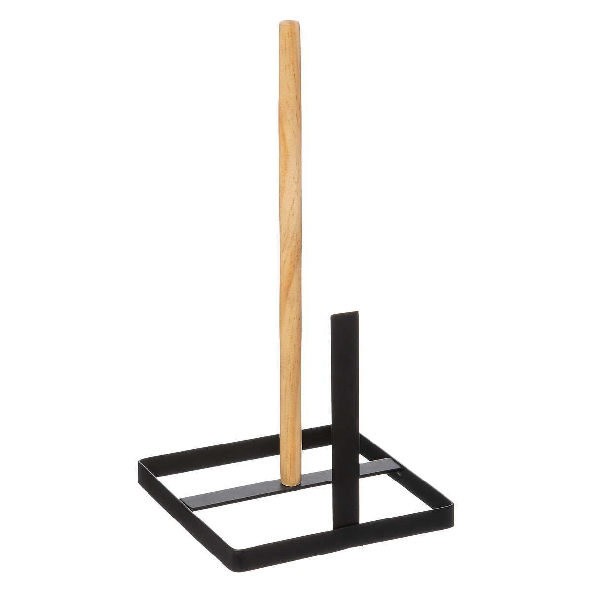 Papierrollenhalter mit schwarzem Metallgestell und Holzgriff. Schlichte, moderne Form.