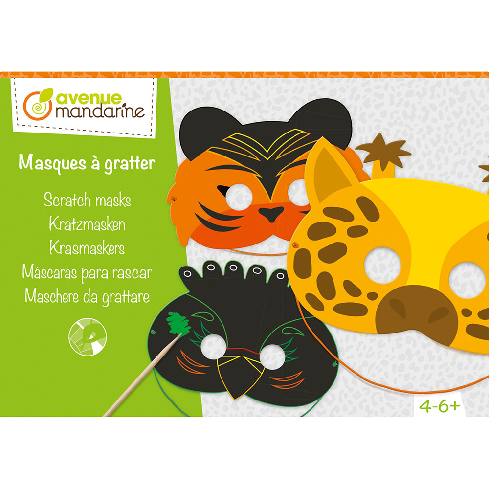 Drei Tiermasken zum Kratzen. Eine orange Tiger-Maske, eine gelbe Leopard-Maske und eine schwarze Vogel-Maske. Enthält einen Kratzstab.