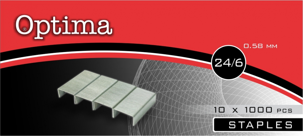 Packung mit Heftklammern. Marke: Optima. Größe: 24/6. 10 x 1000 Stück. Dicke: 0,58 mm. Klammern liegen in einer Reihe.