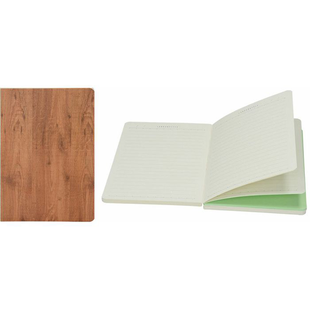 Ein Notizbuch mit einer Holzoptik auf dem Cover. Innen sind die Seiten liniert und in einem hellen Farbton.
