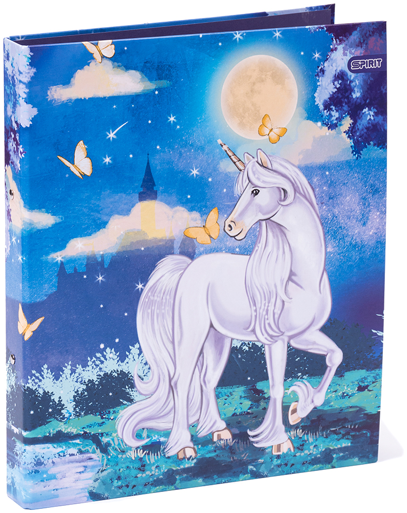 Buchcover mit einem weißen Einhorn vor einem blauen Nachthimmel. Schmetterlinge und ein Mond sind im Hintergrund.