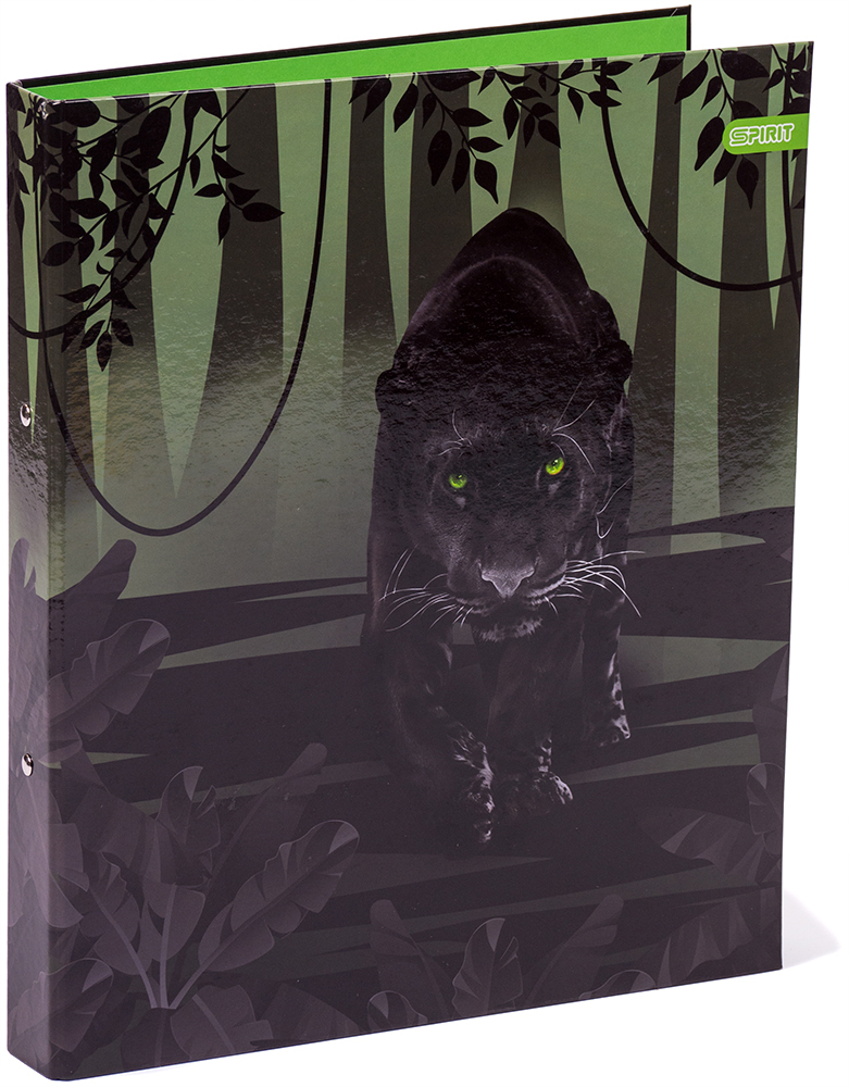 Ordner mit schwarzem Panther-Design. Grüner Hintergrund mit Blättern. Panther hat leuchtend grüne Augen.