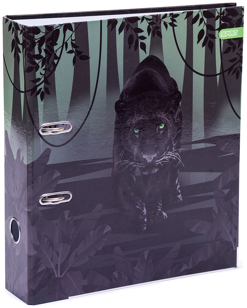 Ordner mit einem schwarzen Panther auf der Vorderseite. Grüne Augen des Panthers leuchten. Hintergrund in dunklen Grüntönen mit Pflanzenmotiven.