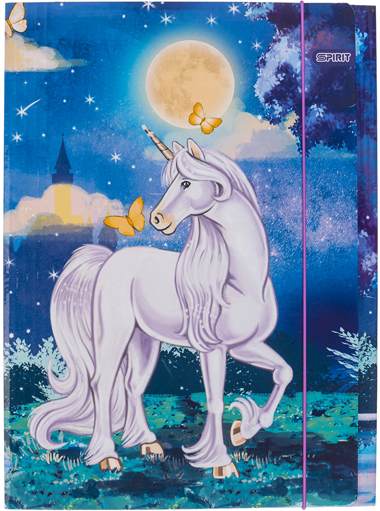 Notizbuch mit einem weißen Einhorn auf blauer Hintergrund. Mond und Schmetterlinge sind im Bild.