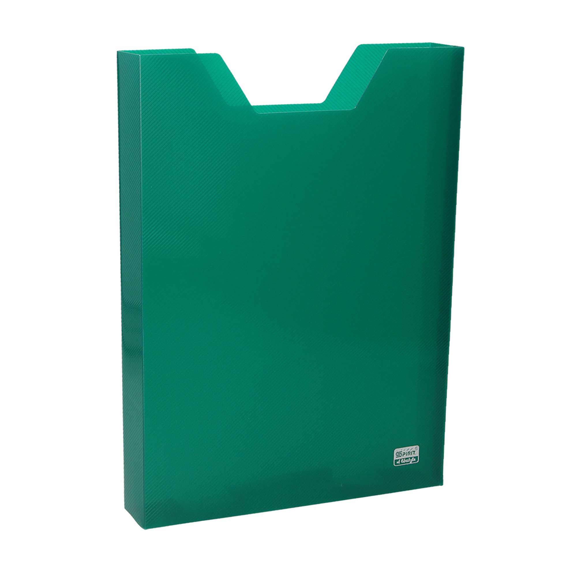 Grüner Ordner mit V-förmigem Ausschnitt oben. Glatte Oberfläche, schlichtes Design.