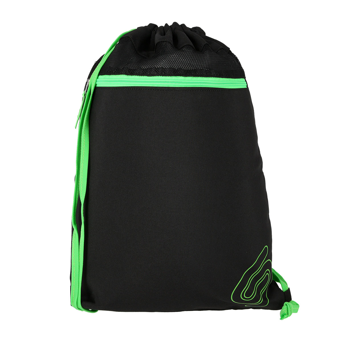 Schwarzer Rucksack mit grünen Akzenten. Kordelzugverschluss oben. Seitlicher Reißverschluss. Einfaches, sportliches Design.