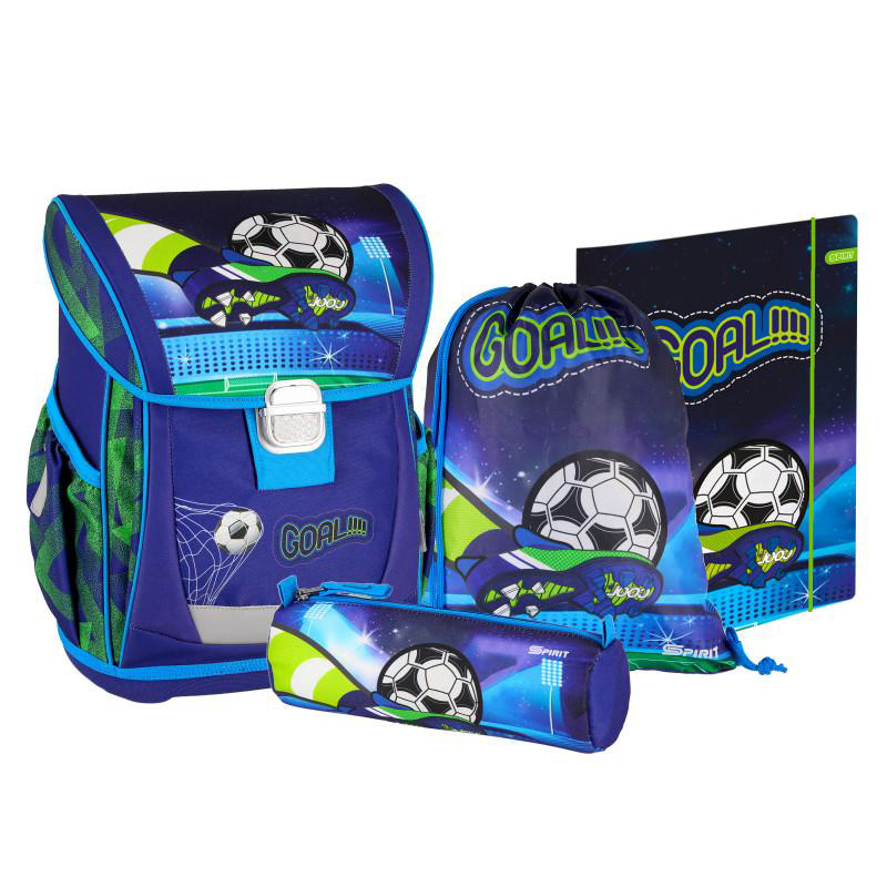 SPIRIT Schultaschen-Set Cool Fußball 4-teilig mit Metallschloss blau