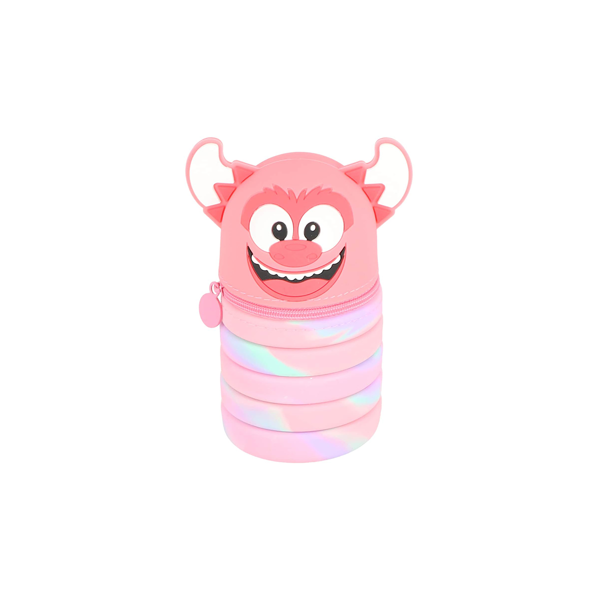 Rosa Federmäppchen mit einem lächelnden Monster-Gesicht. Hat Ohren und einen Reißverschluss. Die Unterseite ist in Regenbogenfarben.