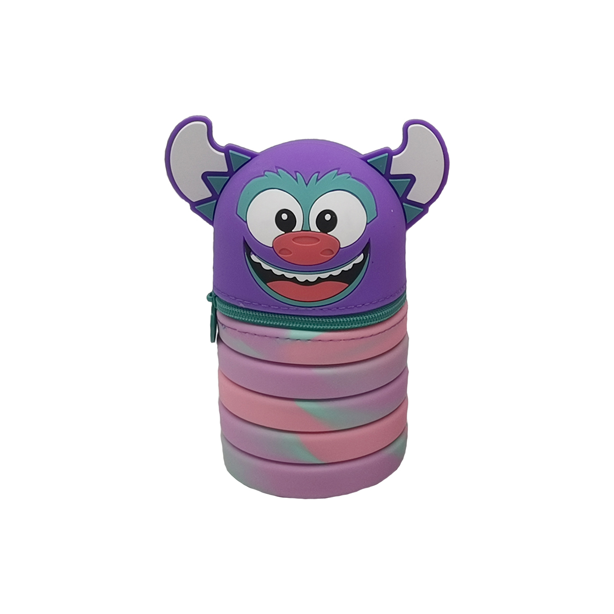 Bunte Aufbewahrungsbox mit einem Gesicht und Ohren. Die Box hat mehrere farbige Ringe.