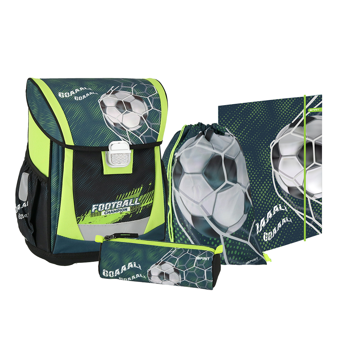 Schulranzen-Set mit Fußballmotiv. Enthält Rucksack, Sportbeutel, Federmäppchen und Heft.