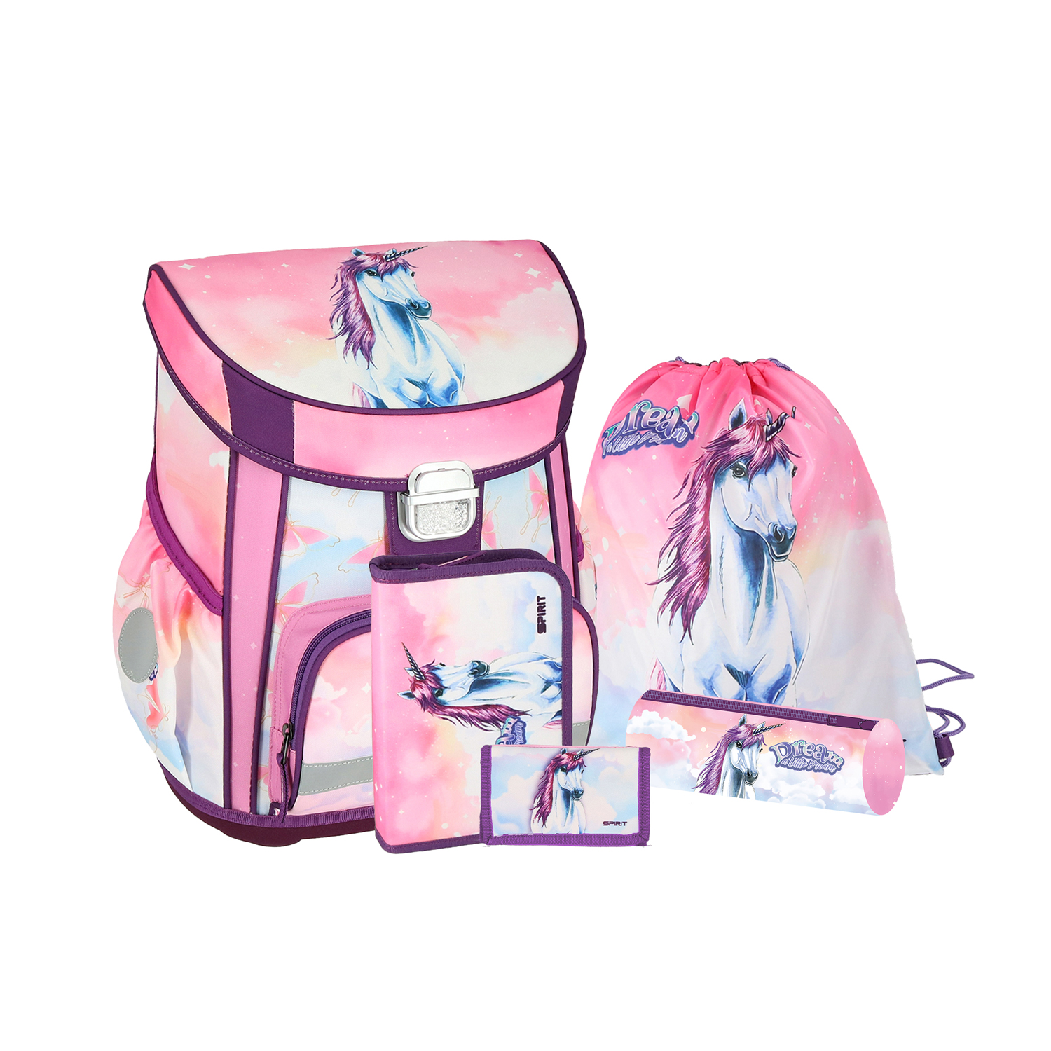 Schulrucksack-Set mit Einhorn-Motiv. Enthält Rucksack, Sportbeutel, Geldbörse und Federmäppchen.