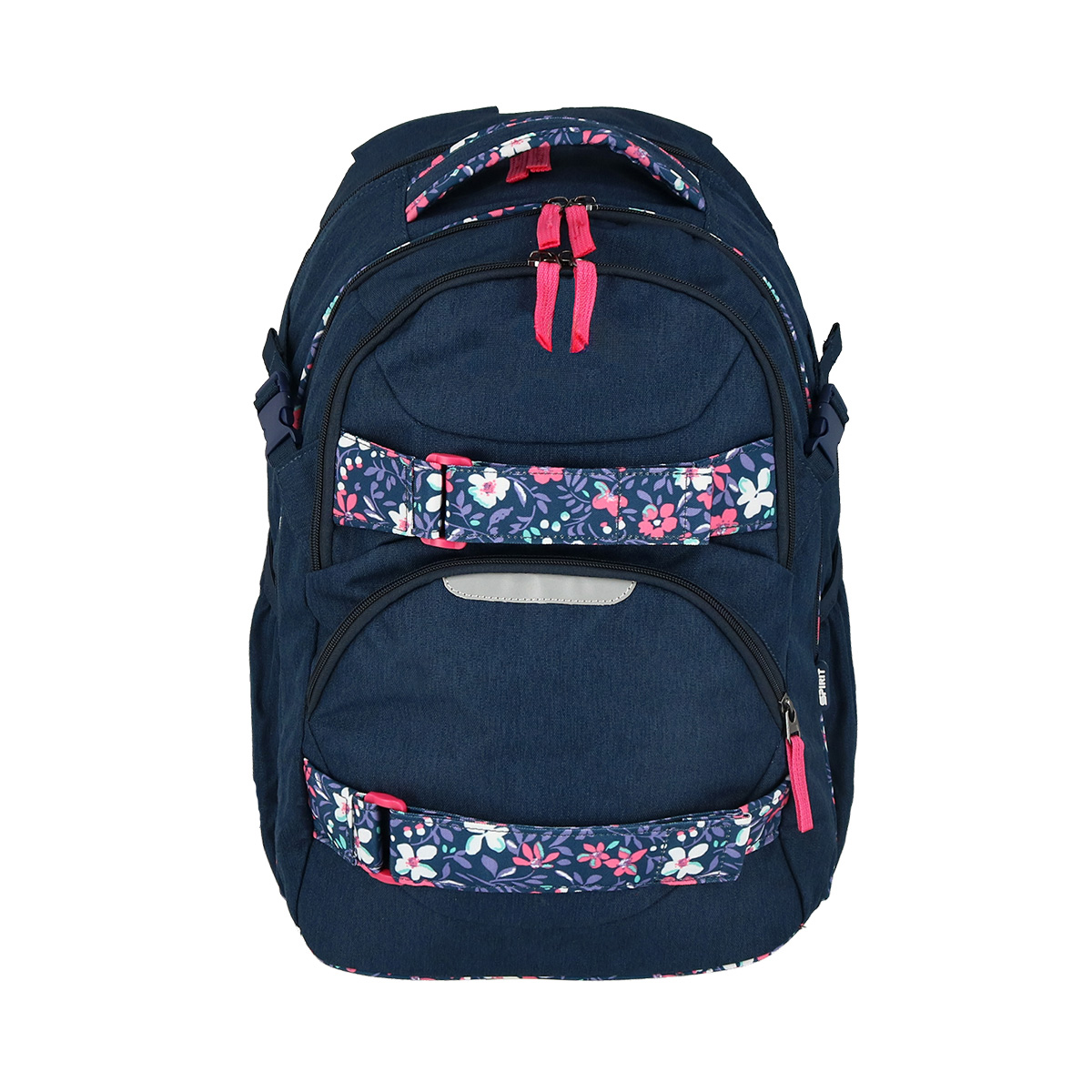 Dunkelblaue Rucksack mit floralen Akzenten. Zwei große Fächer und gepolsterte Tragegriffe.