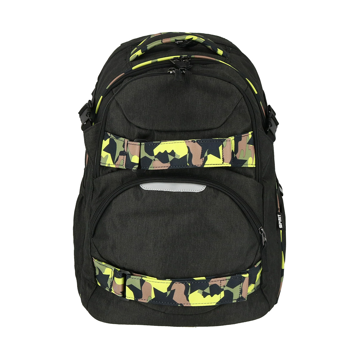 schwarzer Rucksack mit camouflagemuster in Gelb, Braun und Grün. Mehrere Fächer und Reißverschlüsse. Gepolsterte Rückseite und Tragegriffe.
